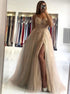 A Line Spaghetti Straps Champagne Beading Prom Dress with Slit LBQ3783